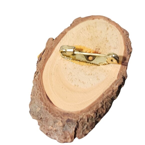 Handcrafted Retro Floral Wood Slice Brooch Pink Flowers Nature Fashion Jewelry - Picture 4 of 5